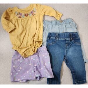 Garanimals 4 Pieces Baby Girl Clothes 0-3 Body Suit Jeans Shorts